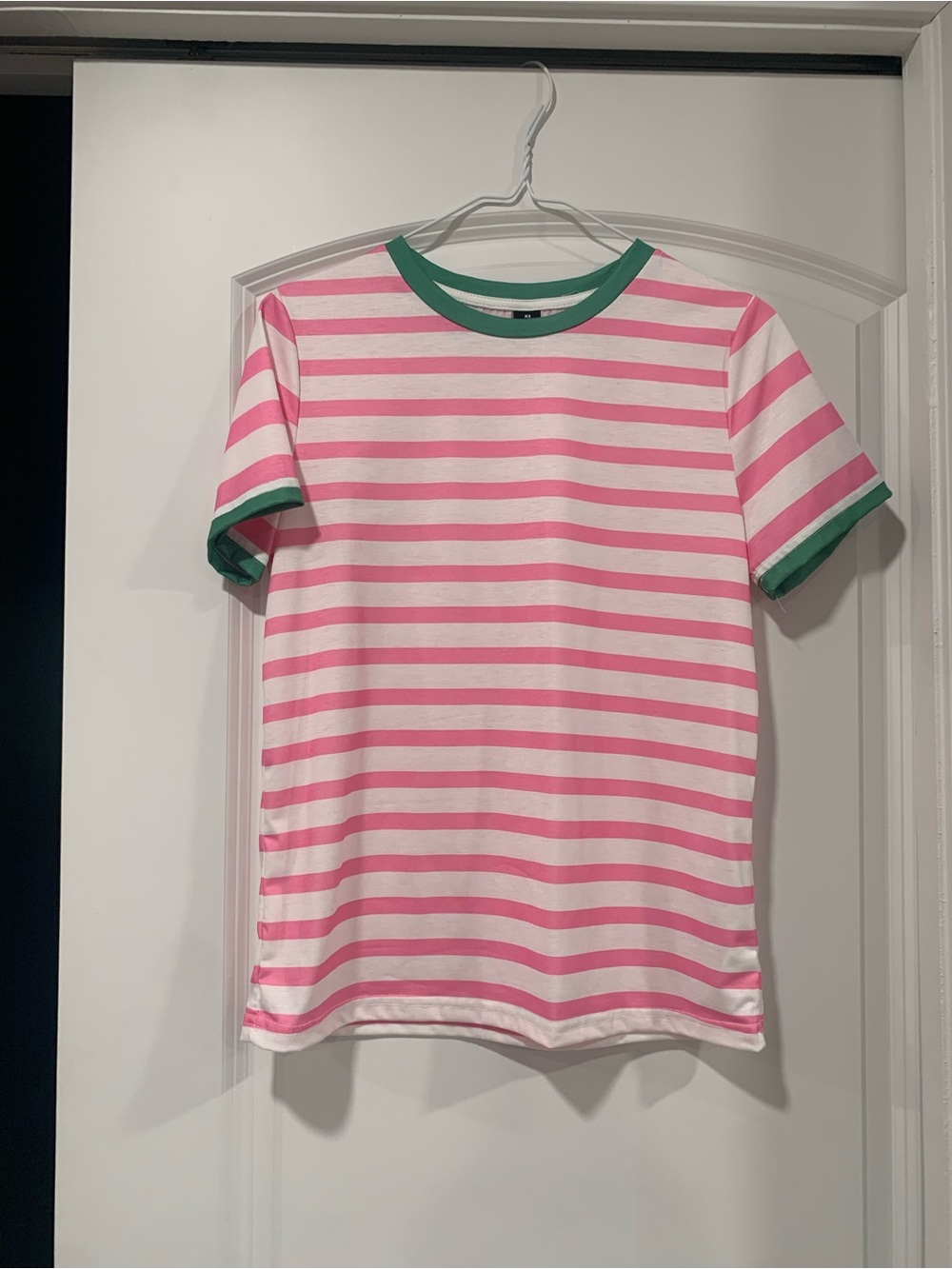 Pink & White Striped Tee with Green Trim